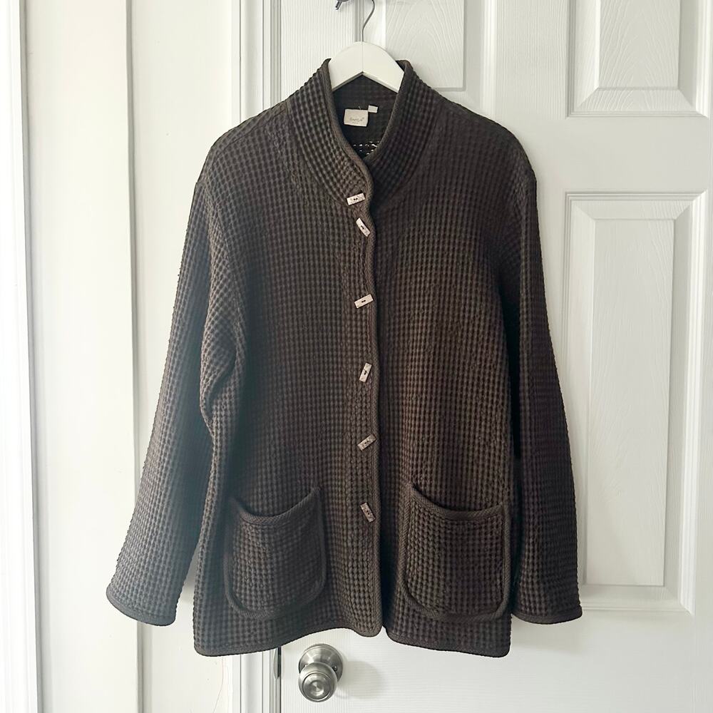 FOCUS Cotton Chocolate Brown Waffle Texture Lagenlook Wood Buttons Jacket XL - Picture 10 of 10